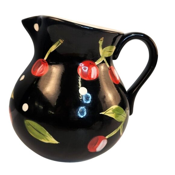 Tabletops Gallery Boulevard Hand Painted Black Ceramic Pitcher With Cherry & Pol - Picture 8 of 8
